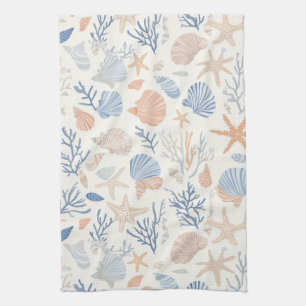 Coastal Seashell Starfish Blue Peach Cream Kitchen Towel