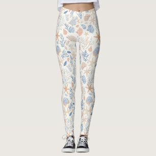 Coastal Seashell Starfish Blue Peach Cream Leggings