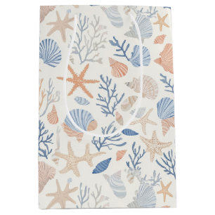 Coastal Seashell Starfish Blue Peach Cream Medium Gift Bag