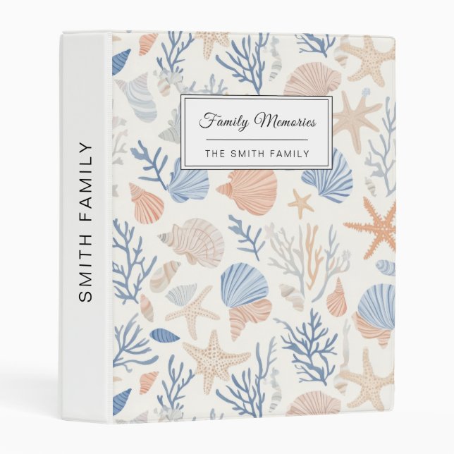 Coastal Seashell Starfish Blue Peach Cream Mini Binder (Front/Spine)