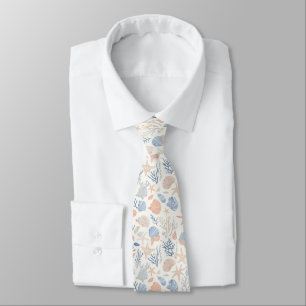 Coastal Seashell Starfish Blue Peach Cream Neck Tie