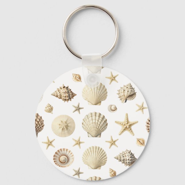 Coastal Seashell Starfish Seamless Pattern Keychain (Front)