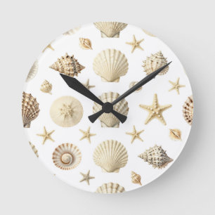 Coastal Seashell Starfish Seamless Pattern Round Clock