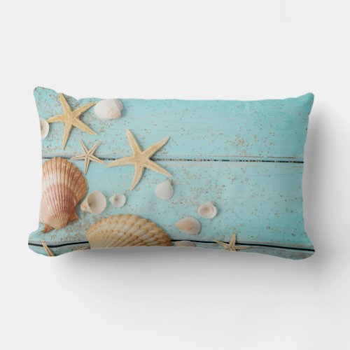 Coastal Seashell Turquoise Beach Lumbar Pillow