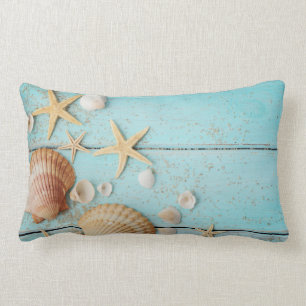 Coastal Seashell Turquoise Beach Lumbar Pillow