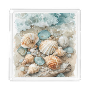 Coastal Seashell Watercolor Driftwood Scene Acrylic Tray