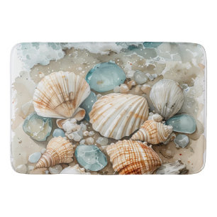 Coastal Seashell Watercolor Driftwood Scene Bath Mat