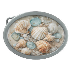 Coastal Seashell Watercolor Driftwood Scene Belt Buckle