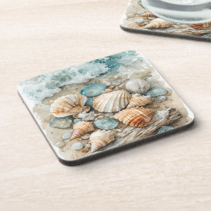 Coastal Seashell Watercolor Driftwood Scene Beverage Coaster