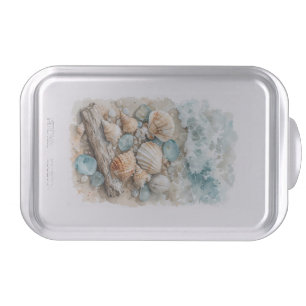 Coastal Seashell Watercolor Driftwood Scene Cake Pan