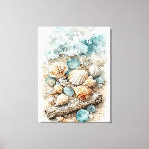 Coastal Seashell Watercolor Driftwood Scene Canvas Print