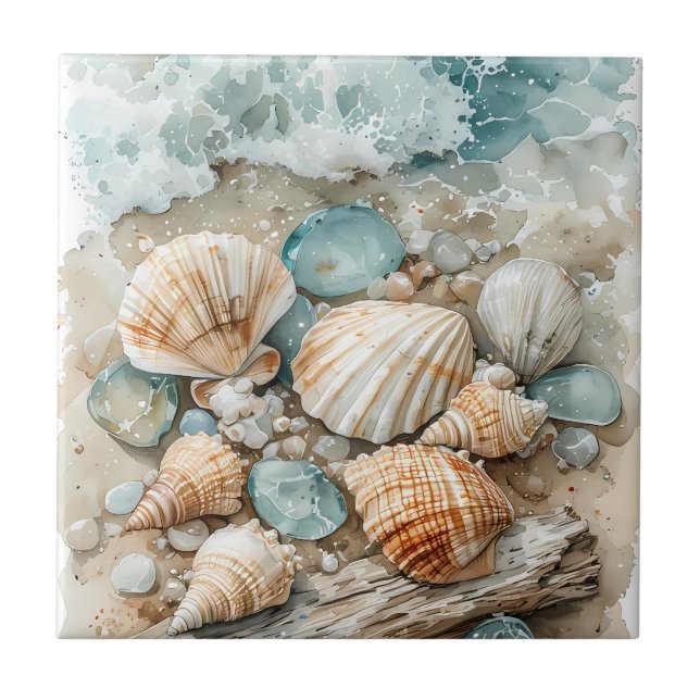 Coastal Seashell Watercolor Driftwood Scene Ceramic Tile (Front)