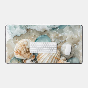 Coastal Seashell Watercolor Driftwood Scene Desk Mat