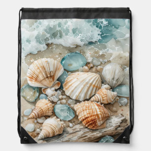 Coastal Seashell Watercolor Driftwood Scene Drawstring Bag