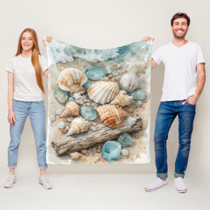 Coastal Seashell Watercolor Driftwood Scene Fleece Blanket