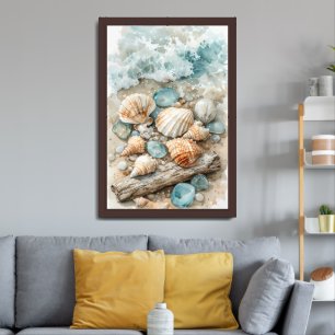 Coastal Seashell Watercolor Driftwood Scene Framed Art