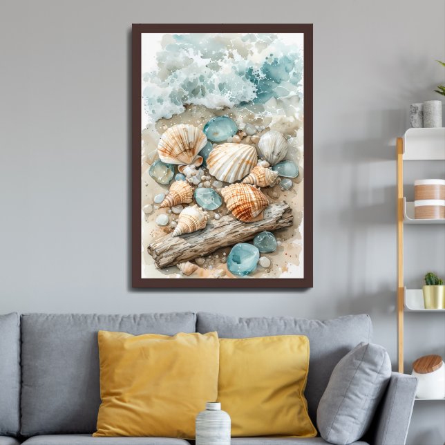 Coastal Seashell Watercolor Driftwood Scene Framed Art (Living Room 3)