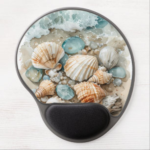 Coastal Seashell Watercolor Driftwood Scene Gel Mouse Pad