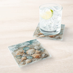 Coastal Seashell Watercolor Driftwood Scene Glass Coaster