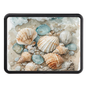 Coastal Seashell Watercolor Driftwood Scene Hitch Cover