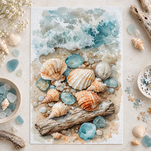Coastal Seashell Watercolor Driftwood Scene Jigsaw Puzzle
