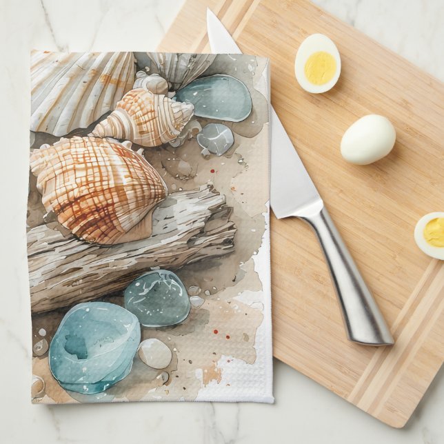 Coastal Seashell Watercolor Driftwood Scene Kitchen Towel (Quarter Fold)