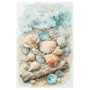 Coastal Seashell Watercolor Driftwood Scene Metal Print