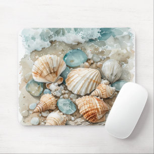 Coastal Seashell Watercolor Driftwood Scene Mouse Pad
