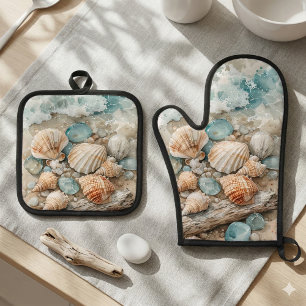 Coastal Seashell Watercolor Driftwood Scene Oven Mitt & Pot Holder Set