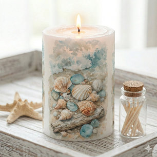 Coastal Seashell Watercolor Driftwood Scene Pillar Candle