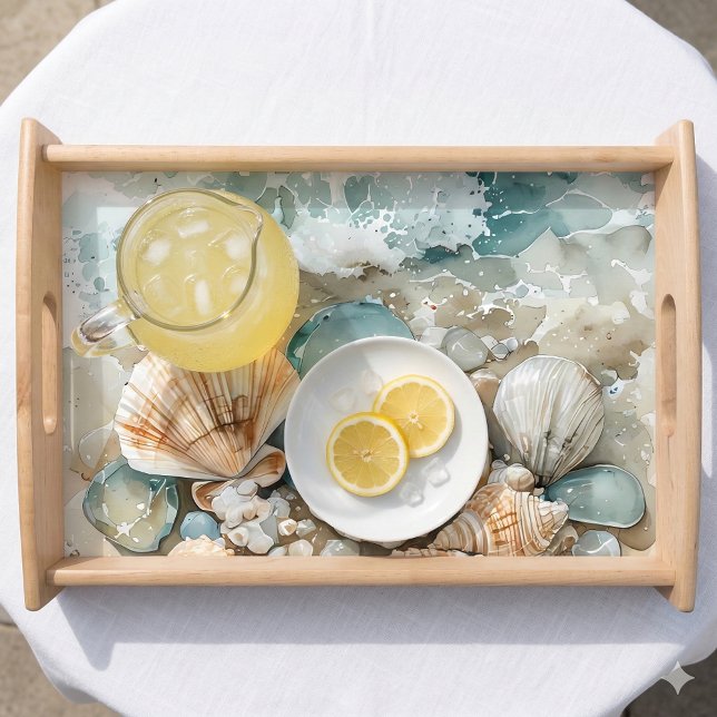 Coastal Seashell Watercolor Driftwood Scene Serving Tray (Coastal Seashell Watercolor Driftwood Scene Serving Tray Mockup A)