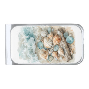 Coastal Seashell Watercolor Driftwood Scene Silver Finish Money Clip