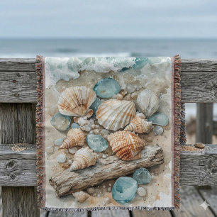 Coastal Seashell Watercolor Driftwood Scene Throw Blanket