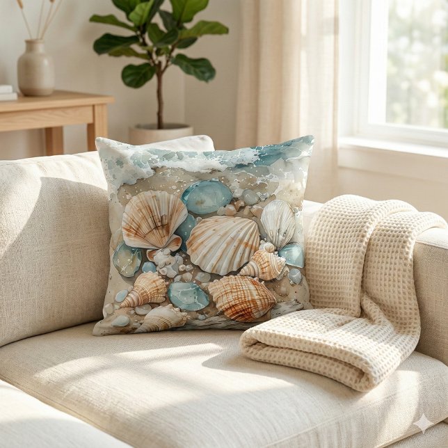 Coastal Seashell Watercolor Driftwood Scene Throw Pillow (Coastal Seashell Watercolor Driftwood Scene Throw Pillow Mockup A)