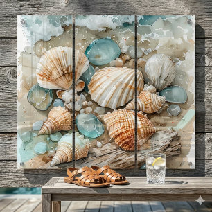Coastal Seashell Watercolor Driftwood Scene  Triptych