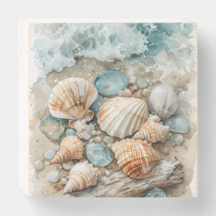 Coastal Seashell Watercolor Driftwood Scene Wooden Box Sign
