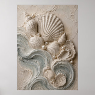 Coastal Seashell & Wave Relief Sculpture Art Print