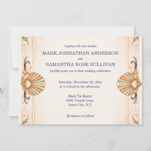 Coastal Seashell Wedding Vintage Luxury  Invitation