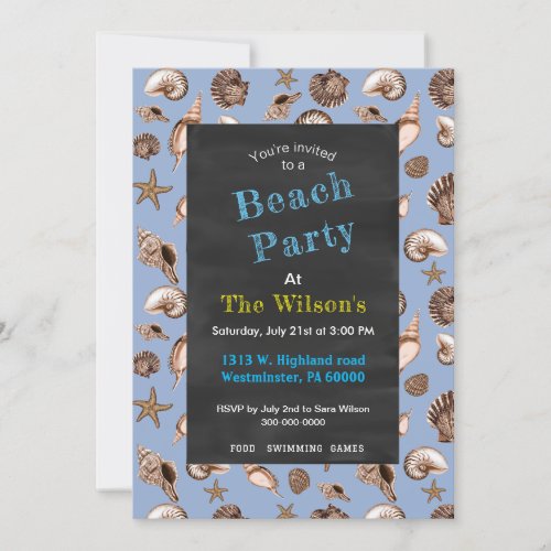 Coastal seashells and chalkboard invitation