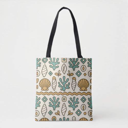 Coastal Seashells and Coral Scandinavian Folk Patt Tote Bag