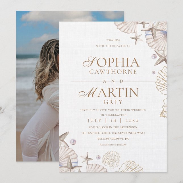 Coastal Seashells Beach Wedding Photo Invitation (Front/Back)