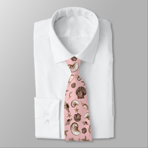 Coastal seashells on pink  neck tie
