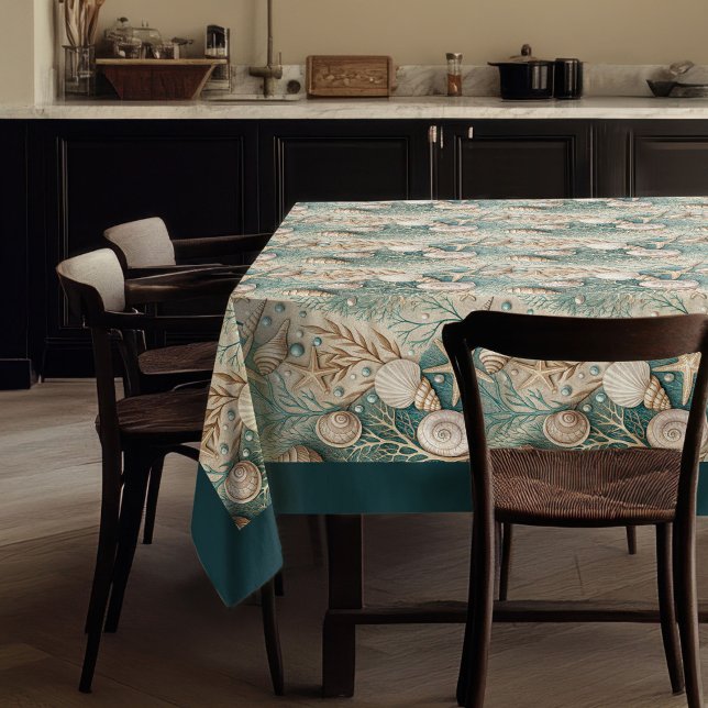 Coastal Seashells Sea stars pastel green ivory  Tablecloth (Coastal Seashells Sea stars pastel green ivory Tablecloth)