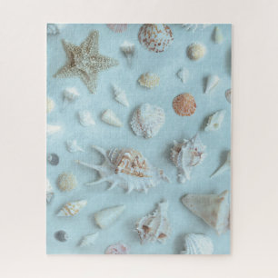 Coastal Seashells Starfish Beach Blue Jigsaw Puzzle