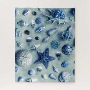 Coastal Seashells Starfish Beach Indigo Blue Jigsaw Puzzle