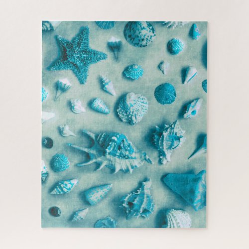 Coastal Seashells Starfish Beach Turquoise Jigsaw Puzzle