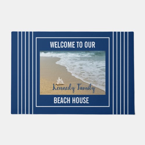 Coastal Seaside Family Beach House Blue Welcome   Doormat