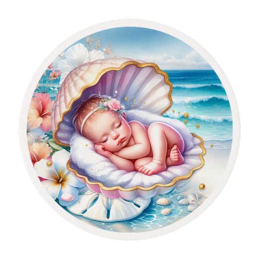 Coastal Seaside Girl's Baby Shower Ocean Themed  Edible Frosting Rounds (Front)