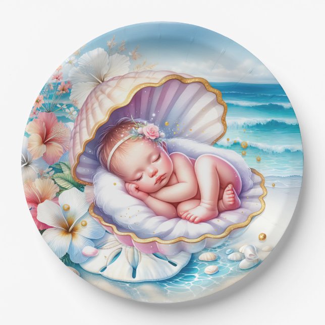 Coastal Seaside Girl's Baby Shower Ocean Themed  Paper Plates (Front)