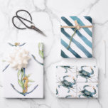 Coastal Seaside Nautical Delights Pattern Wrapping Paper Sheets<br><div class="desc">A delightful set of nautical gift wrapping sheets with a coastal theme, this design set includes 3 watercolor styles: one has an anchor with seaweed and a seahorse, one has nautical blue watercolor painted stripes, and one has a pattern of painted blue crabs. This wrapping paper is a perfect choice...</div>